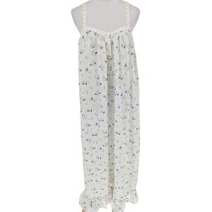 VTG Victorias Secret Nightgown M White Blue Floral Cotton Lace Trim Cottagecore